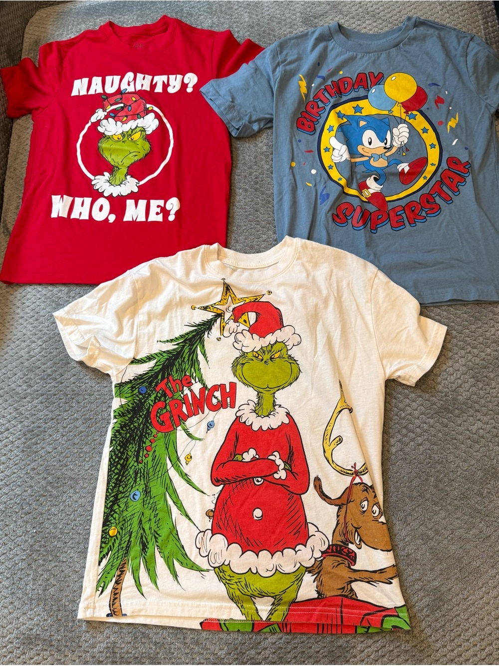 Lot of 3 Boys Large Graphic T-Shirts Grinch Christmas and Sonic Birthday